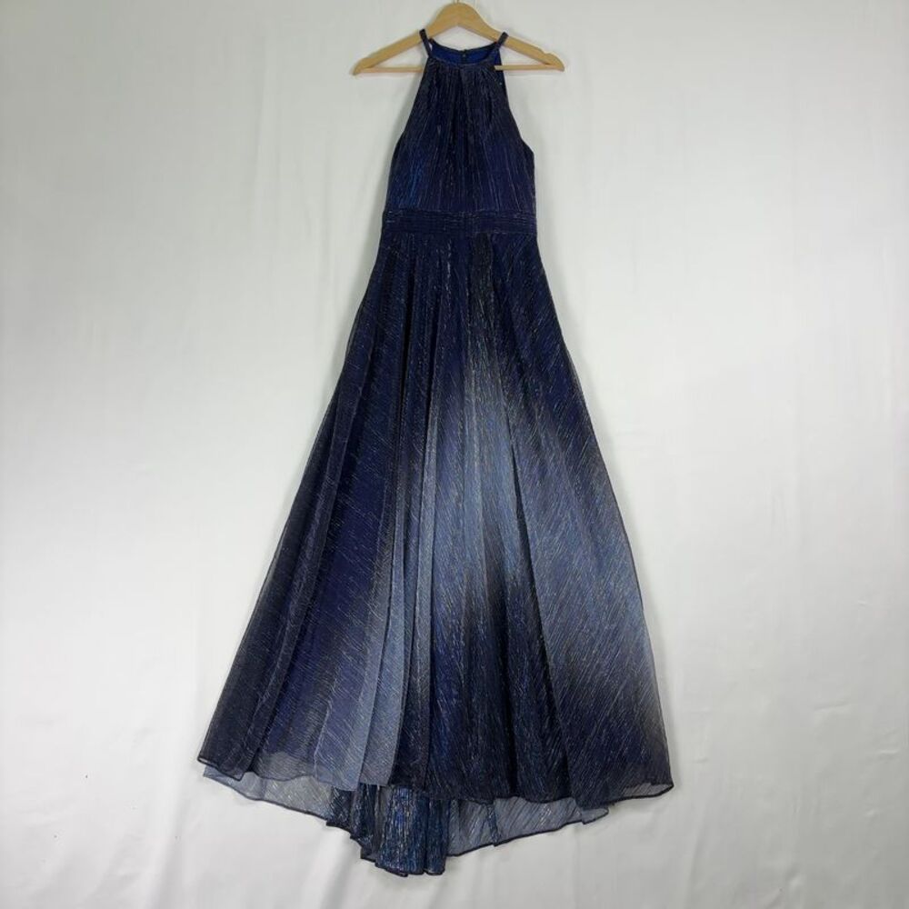 Betsy & Adam Navy Blue Metallic Halter Maxi Dress